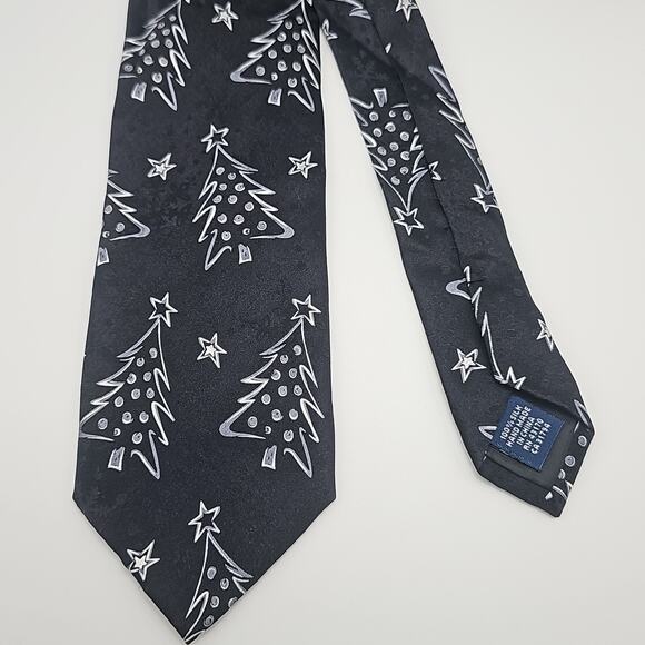 John Ashford Novelty Tie Mens Christmas Tree Star Silk Black 61.5" - Picture 3 of 6